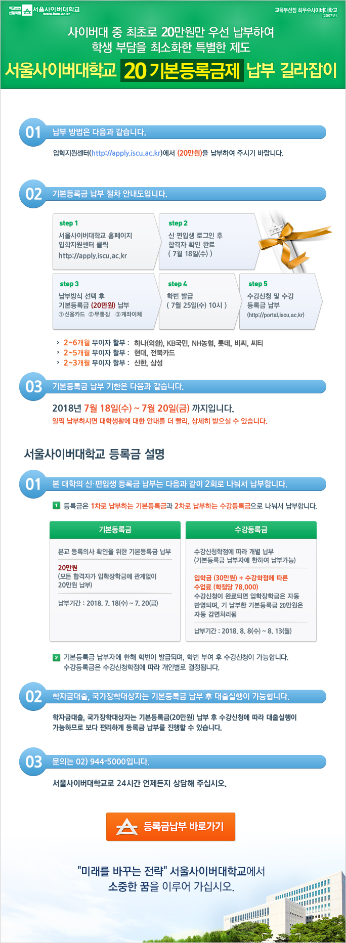 사이버대 최초 20 기본등록금제 안내